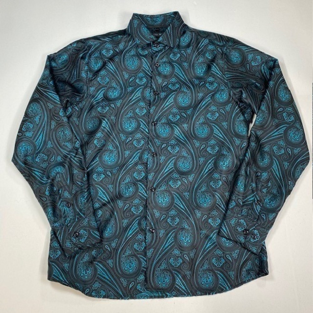 Barry Wang Mens Teal Black Paisley Silk Blend Jacquard Long Sleeve Shirt Size M